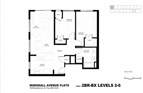 Floor plan for 2 beds, 1 bath, 870 sqft